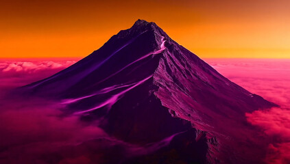 Majestic Mountain Peak Emerging Above Vibrant Clouds at Surreal Sunset Atmosphere.
