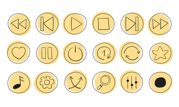 Collection of doodle icons, buttons for the music player interface, applications for podcasts, audio recordings