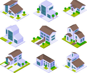 set of isometric residential homes vector