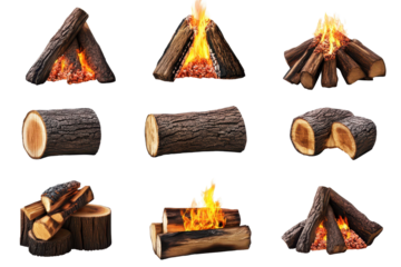 Collection of campfire setups featuring various firewood arrangements and flames on a clean white background