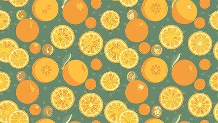 Seamless pattern of oranges and orange slices on a green background with small green dots design style