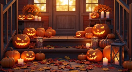 Autumnal Halloween Porch Display - Jack-o'-lanterns and autumn leaves adorn a porch steps creating a festive Halloween scene