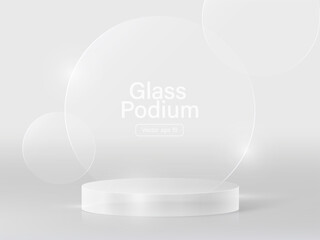 3D glass transparent crystal. Empty cylindrical pedestal. 3D cylinder and cube glass platforms set background. Vector realistic illustration of transparent plastic round and square p