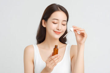 Fototapeta premium スポイト式ボトルの美容液でスキンケアをする女性の笑顔