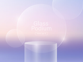 3D glass transparent crystal. Empty cylindrical pedestal. 3D cylinder and cube glass platforms set background. Vector realistic illustration of transparent plastic round and square p
