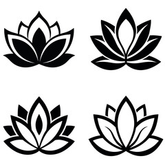 Four Stylized Black Lotus Flower Illustrations on White Background for Design Projects