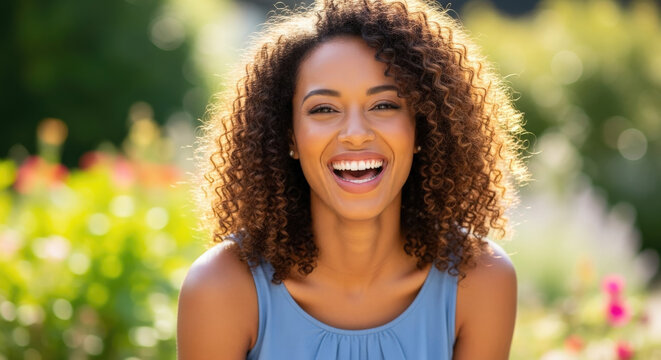 Happy young African American woman with a beautiful smile laughing with joy outdoors. Portrait of a cheerful black girl with natural curly hair in a summer park. Happiness concept.