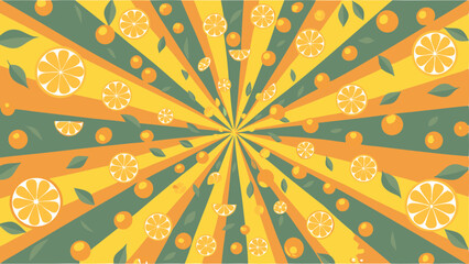 Oranges and orange slices with green leaves on a yellow and orange striped background illustration