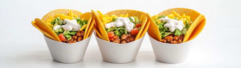 Trio of Tacos Crispy Shells, Fresh Toppings and Creamy Sauce, Mexican food , take out
