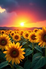 Fototapeta premium Majestic sunflowers facing the rising sun, vibrant colors , vibrant, floral