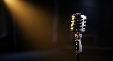 Vintage silver microphone on a dark stage illuminated by a warm spotlight