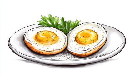 Two Eggs on a Plate, Watercolor Style with Parsley Garnish, food art , breakfast ideas