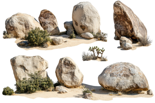 Massive boulders surrounded by sparse vegetation in a dry desert landscape showcasing natural erosion and geological formations