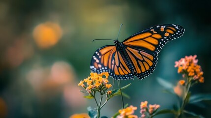 Fototapeta premium Monarch butterfly perched on yellow flowers with blurred background.