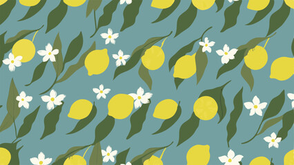 A repeating pattern of lemons with leaves and white flowers on a blue background design element