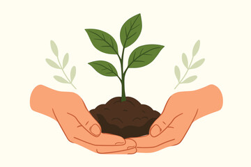 Hands nurturing a young plant seedling in soil. Growth and development concept. Environmental conservation, ecology, and sustainability. Agriculture, gardening, and new life symbol.
