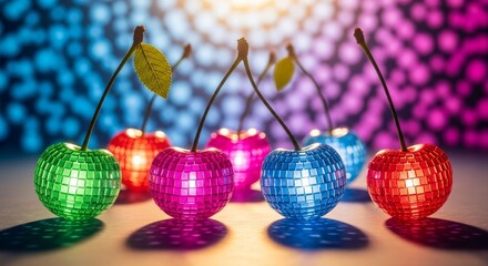 Colorful Disco Cherries - Five vibrant cherries with disco ball surfaces shine brightly against a multicolored bokeh background