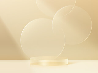 3D glass transparent crystal. Empty cylindrical pedestal. 3D cylinder and cube glass platforms set background. Vector realistic illustration of transparent plastic round and square p