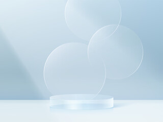 3D glass transparent crystal. Empty cylindrical pedestal. 3D cylinder and cube glass platforms set background. Vector realistic illustration of transparent plastic round and square p