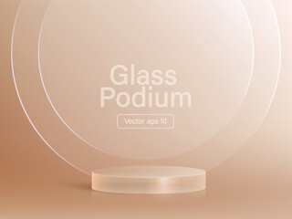 3D glass transparent crystal. Empty cylindrical pedestal. 3D cylinder and cube glass platforms set background. Vector realistic illustration of transparent plastic round and square p
