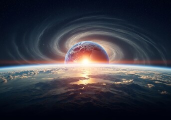 Cosmic Sunrise Over Distant Planet - A breathtaking view of a sunrise over a distant planet, symbolizing new beginnings, cosmic wonder, vastness of space, celestial energy, and the power of nature