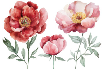 Obraz premium Beautiful soft pink and red peonies in bloom, showcasing delicate petals and lush green leaves in a serene outdoor setting