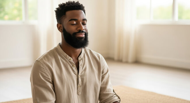 Calm bearded African American man meditating with eyes closed. Portrait of a serene Black male practicing mindfulness & yoga for stress relief, mental health, wellness and harmony. - Powered by Adobe