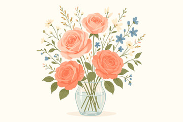 Romantic floral arrangement with peach roses and wildflowers in a glass vase. Beautiful flower bouquet vector illustration for wedding invitation, greeting card or celebration.