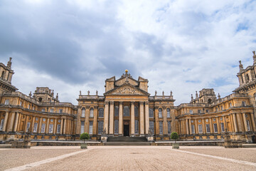 Blenheim Palace majestic facade, with its elaborate architecture, highlights the historical and...