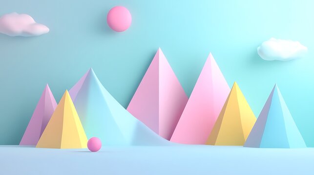 Pastel colored geometric shapes arranged in a landscape scene.