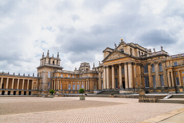 Blenheim Palace majestic facade, with its elaborate architecture, highlights the historical and...