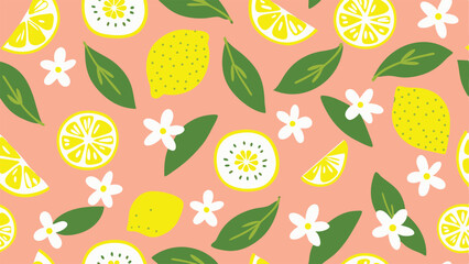 Seamless pattern featuring lemons, lemon slices, leaves, and white flowers on a light pink background