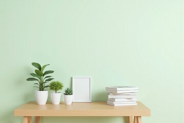 desk with a plant and a picture frame on it