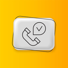 Black Telephone handset icon isolated on yellow background. Phone sign. Silver rectangle button. Vector