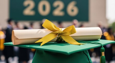 Graduation diploma and cap with 2026 year in background