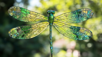 Close-up of a vibrant green and yellow stained glass dragonfly art piece.