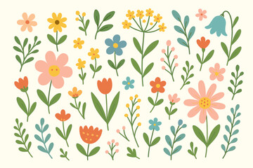 Cute floral doodle set. Collection of hand-drawn spring flowers, leaves and botanical elements. Whimsical nature illustration for kids. Simple flat cartoon garden vector design.