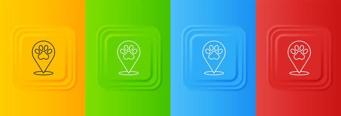 White Map pointer with veterinary medicine hospital, clinic or pet shop for animals icon isolated on colorful background. Veterinarian clinic. Set icons in square buttons. Vector