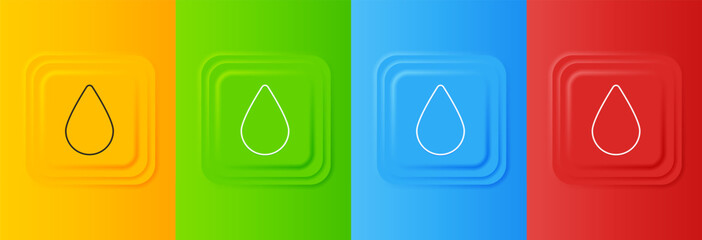 White Water drop icon isolated on colorful background. Set icons in square buttons. Vector
