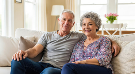 Happy mature retired couple smiling at home. Portrait of loving senior man and woman relaxing on couch. Healthy aging, financial security, insurance and pension plan concept.