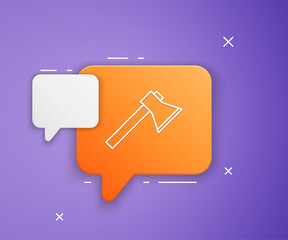 White Firefighter axe icon isolated on purple background. Fire axe. Orange speech bubble symbol. Vector