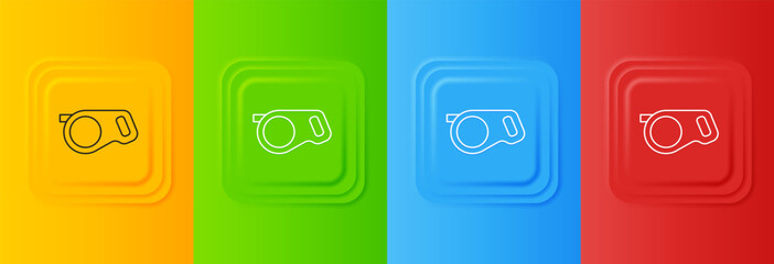 White Retractable cord leash with carabiner icon isolated on colorful background. Pet dog lead. Animal accessory for outdoors walk. Set icons in square buttons. Vector