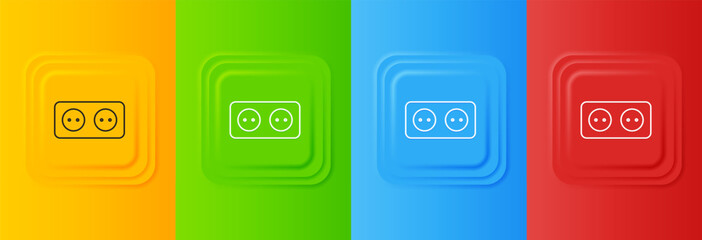 White Electrical outlet icon isolated on colorful background. Power socket. Rosette symbol. Set icons in square buttons. Vector