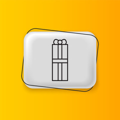 Black Gift box icon isolated on yellow background. Happy Birthday. Silver rectangle button. Vector