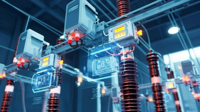 Electrical substation power grid equipment. Digital circuit board hologram. Electric system for city. Modern energy infrastructure technology footage. - Powered by Adobe