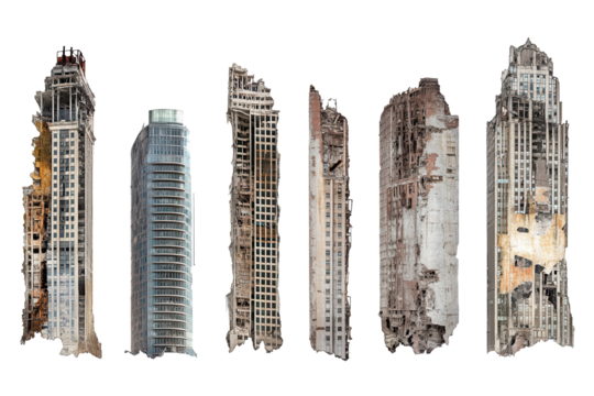 Ruined skyscrapers stand isolated on a transparent background, showcasing the decay and abandonment of urban architecture in a hauntingly beautiful arrangement