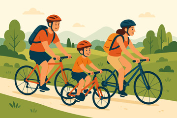 Happy family cycling together on a bike ride in nature. Father, mother, and son enjoy outdoor activity. Healthy lifestyle, summer leisure, and active vacation concept vector.