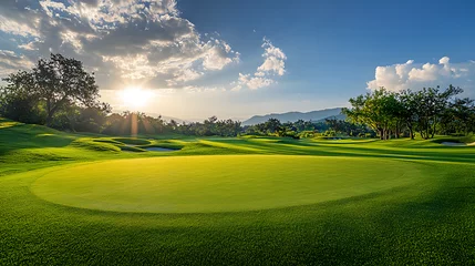 Fotobehang Per ruimte Panoramic view of Golf Course. Golf field with a rich green turf beautiful scenery  © GS creator 