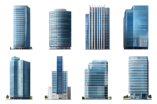 Collection of realistic tall office buildings showcasing modern architecture and design with various glass facades and structures in an urban setting