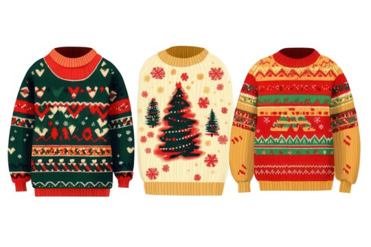 Festive collection of three colorful Christmas ugly sweaters designed for holiday cheer and seasonal celebrations showcasing fun patterns and vibrant colors